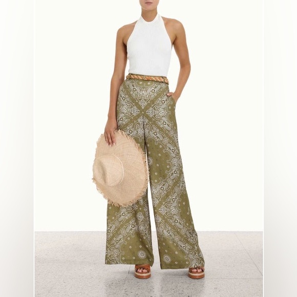 Zimmermann Linen Wide Leg Pants Olive Bandana - Picture 1 of 10